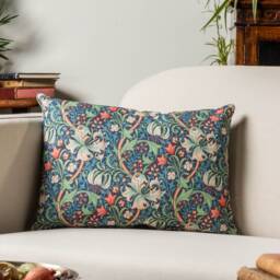 William Morris Golden Lily Boudoir Cushion in Sapphire Blue. Vintage Arts & Crafts Style Botanical & Floral Print. 17x12