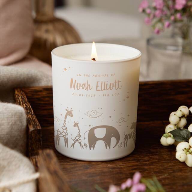 Personalised New Baby Keepsake Candle Illustrated Animals, Soy Wax - image 1