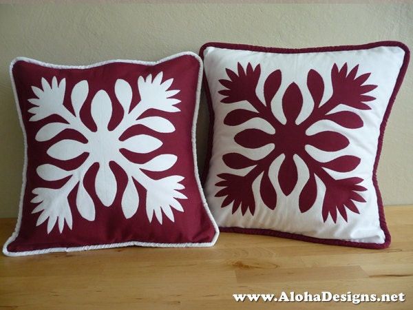 Hawaiian Quilt Pillow Covers - Red Lehua Flowers - image 1