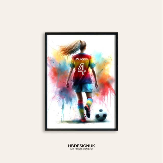 Personalised Football Print For Girls - Girl Soccer Gifts - Custom Present Room Decor Personalized Wall Art Footballer - image 1