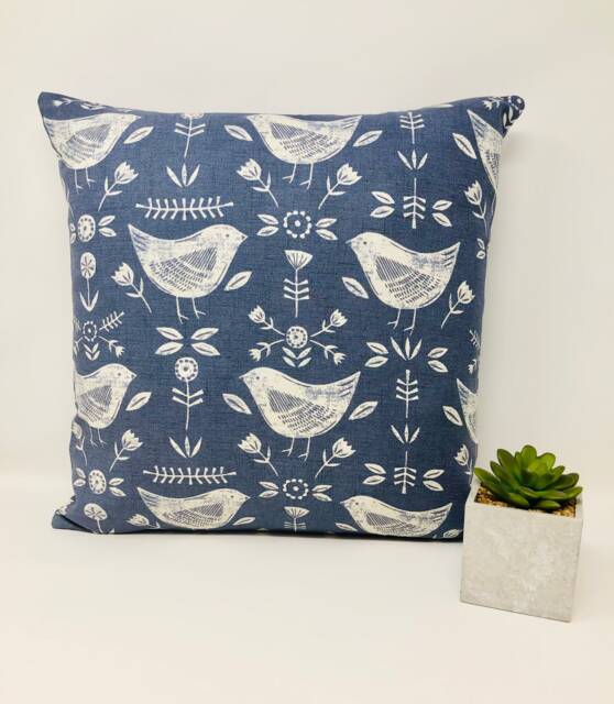 Scandi Blue Bird Cushion Cover, & White Cushion, Duck Feather Pillow, Birthday Present, Letterbox Gift - image 1