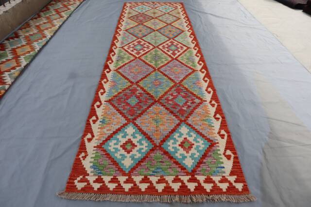 10 Ft Long Runner Rug, Handmade Afghan Stunning Kilim Rug 90x300 cm Flatweave Oriental Turkmen Geometric Maimana Design 3x10 Hallway - image 1