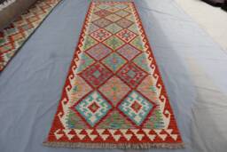 10 Ft Long Runner Rug, Handmade Afghan Stunning Kilim Rug 90x300 cm Flatweave Oriental Turkmen Geometric Maimana Design 3x10 Hallway - thumbnail 1