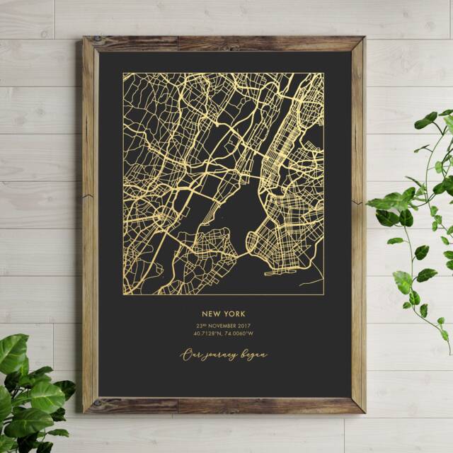 Custom Map Print, Personalised Foil Location Wall Art, Gold Silver Rose Copper Metallic Anniversary, Wedding, New Home Gift - image 1