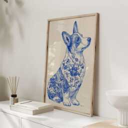 Blue & White Corgi Print - Folk Art Dog Illustration With Floral Pattern Chinoiserie Style Wall For Lovers - thumbnail 2
