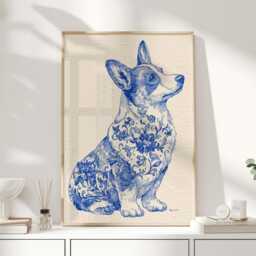 Blue & White Corgi Print - Folk Art Dog Illustration With Floral Pattern Chinoiserie Style Wall For Lovers - thumbnail 1