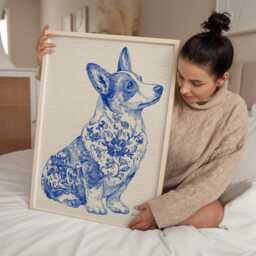 Blue & White Corgi Print - Folk Art Dog Illustration With Floral Pattern Chinoiserie Style Wall For Lovers - thumbnail 3