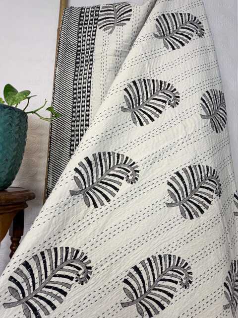 Kantha Stitch Pure Cotton Reversible Bed/Sofa Throw King Size - Handmade Handprinted Floral Dohar Monochrome Leafy White Black Grey - image 1