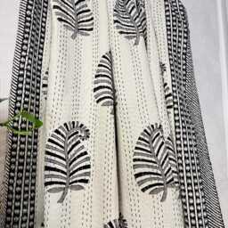 Kantha Stitch Pure Cotton Reversible Bed/Sofa Throw King Size - Handmade Handprinted Floral Dohar Monochrome Leafy White Black Grey - thumbnail 3