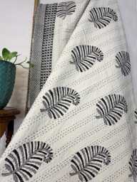 Kantha Stitch Pure Cotton Reversible Bed/Sofa Throw King Size - Handmade Handprinted Floral Dohar Monochrome Leafy White Black Grey - thumbnail 1