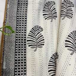 Kantha Stitch Pure Cotton Reversible Bed/Sofa Throw King Size - Handmade Handprinted Floral Dohar Monochrome Leafy White Black Grey - thumbnail 2