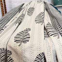 Kantha Stitch Pure Cotton Reversible Bed/Sofa Throw King Size - Handmade Handprinted Floral Dohar Monochrome Leafy White Black Grey - thumbnail 4