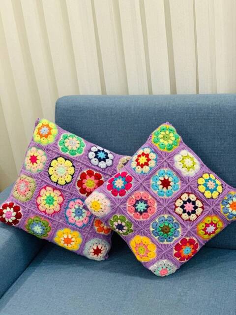 Crochet Daisy Pillow Cover Colorful, Granny Square Cover, Cushion Coloful Pillow Cover, Black - image 1