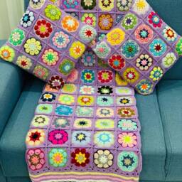 Crochet Daisy Pillow Cover Colorful, Granny Square Cover, Cushion Coloful Pillow Cover, Black - thumbnail 3