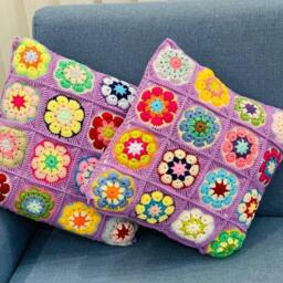 Crochet Daisy Pillow Cover Colorful, Granny Square Cover, Cushion Coloful Pillow Cover, Black - thumbnail 2