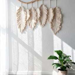 Shaggy Macrame Feather & Leaf Wall Hanging - Large Boho Decor Neutral Fiber Art - thumbnail 4