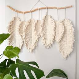 Shaggy Macrame Feather & Leaf Wall Hanging - Large Boho Decor Neutral Fiber Art - thumbnail 2