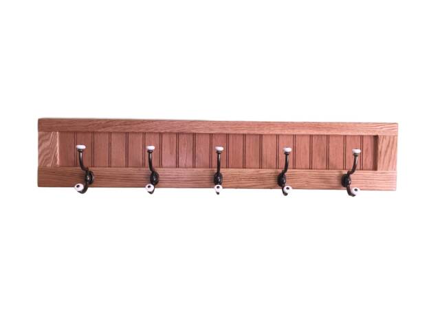 Oak Wood Wall Hanging Coat Rack Antique Brass & Porcelain Hooks - image 1