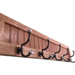 Oak Wood Wall Hanging Coat Rack Antique Brass & Porcelain Hooks - thumbnail 2
