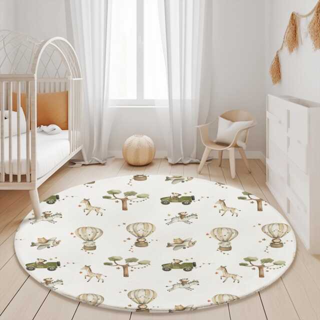 Multiple Hot Air Balloons - Safari Animals Green, Rug, Carpet, Kids Decor, Children's Room Decor, Kids Balloon Decor - image 1