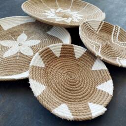 Hand Painted Jute Wall Basket Set, Boho Neutral Decor, Rustic Art, Farmhouse Hanging Basket, Plate - thumbnail 4