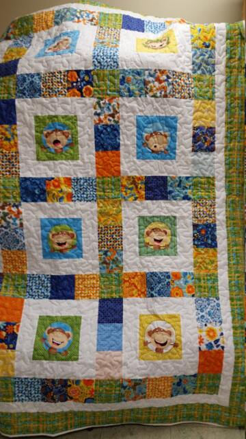 "Handmade Monkey Face Quilt Playful Machine Quilted Youth Bedding - 69"" X 87" - image 1