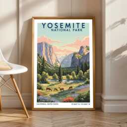 Yosemite National Park Print - Pink, Green & Blue Illustration - Vintage Travel Poster Nature Art For Living Room Or Office - thumbnail 1