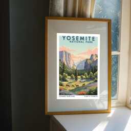 Yosemite National Park Print - Pink, Green & Blue Illustration - Vintage Travel Poster Nature Art For Living Room Or Office - thumbnail 3