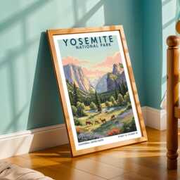 Yosemite National Park Print - Pink, Green & Blue Illustration - Vintage Travel Poster Nature Art For Living Room Or Office - thumbnail 2