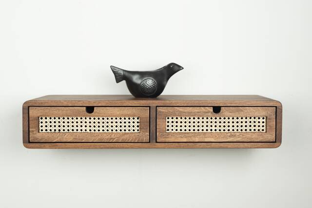 Oak Floating Console Table With Rattan Drawers, Wall Mounted Entryway - image 1