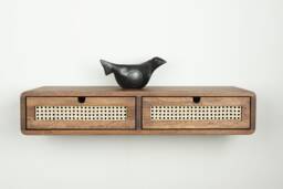 Oak Floating Console Table With Rattan Drawers, Wall Mounted Entryway - thumbnail 1