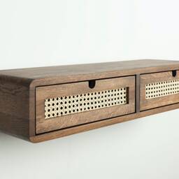 Oak Floating Console Table With Rattan Drawers, Wall Mounted Entryway - thumbnail 4