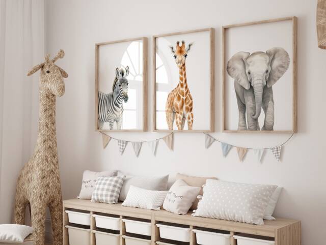 Safari Elephant Giraffe Zebra Animal Baby Girls Boys A4 Or A3 Nursery Set Of Unframed Prints Unisex Neutral Boho Beige Jungle - image 1