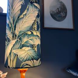 Tripura Velvet Cylinder Lampshade, Extra Tall Lampshade Tropical Navy Leaves Velvet - thumbnail 3