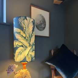 Tripura Velvet Cylinder Lampshade, Extra Tall Lampshade Tropical Navy Leaves Velvet - thumbnail 1