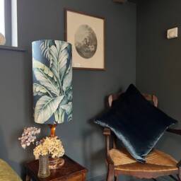 Tripura Velvet Cylinder Lampshade, Extra Tall Lampshade Tropical Navy Leaves Velvet - thumbnail 2