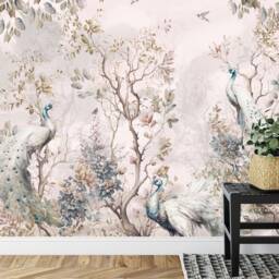 Chinoiserie Watercolor Peacock With Trees & Flowers Gift Art Print Photomural Wallpaper Mural Easy-Install Removeable Peel Stick Decal - thumbnail 3
