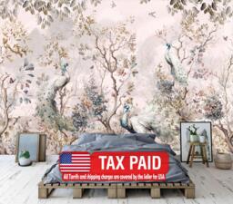 Chinoiserie Watercolor Peacock With Trees & Flowers Gift Art Print Photomural Wallpaper Mural Easy-Install Removeable Peel Stick Decal - thumbnail 1