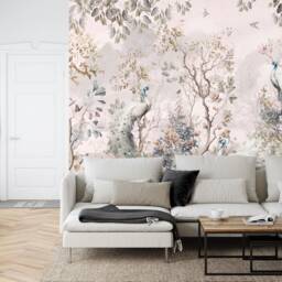 Chinoiserie Watercolor Peacock With Trees & Flowers Gift Art Print Photomural Wallpaper Mural Easy-Install Removeable Peel Stick Decal - thumbnail 2