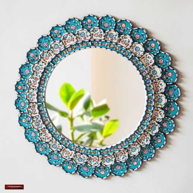 Handmade Peruvian Round Mirror Wall Decor - Turquoise Floral Decorative For Bathroom, Bedroom, Living Room Housewarming Gift - image 1