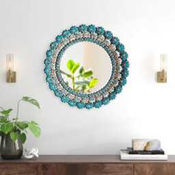 Handmade Peruvian Round Mirror Wall Decor - Turquoise Floral Decorative For Bathroom, Bedroom, Living Room Housewarming Gift - thumbnail 3