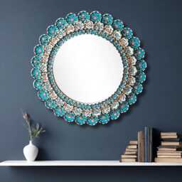 Handmade Peruvian Round Mirror Wall Decor - Turquoise Floral Decorative For Bathroom, Bedroom, Living Room Housewarming Gift - thumbnail 2