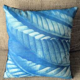 Handprinted Blue Pillow - Cyanotype With Velvet & Leaves - thumbnail 3