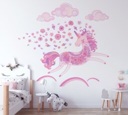 Unicorn, Flowers & Clouds Repositionable Fabric Wall Decal For Nursery Or Girl's Room, Eco Friendly Reusable Sticker - thumbnail 1