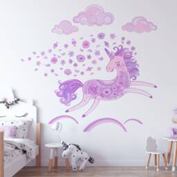 Unicorn, Flowers & Clouds Repositionable Fabric Wall Decal For Nursery Or Girl's Room, Eco Friendly Reusable Sticker - thumbnail 3