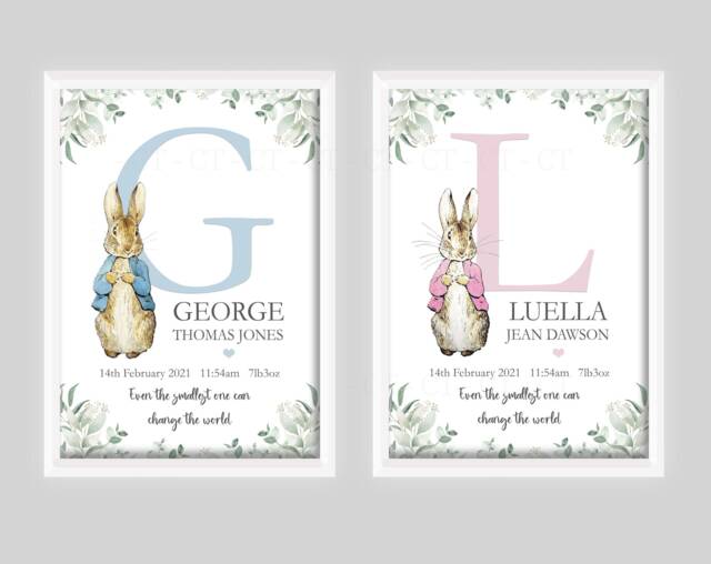 Personalised Peter Rabbit Baby Boy Girl Bunny Print Unframed Birth Gift New Keepsake Son Daughter Beatrix - image 1