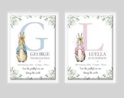 Personalised Peter Rabbit Baby Boy Girl Bunny Print Unframed Birth Gift New Keepsake Son Daughter Beatrix - thumbnail 1