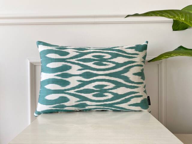 Turquoise Silk Ikat Lumbar Pillow Mint Green Sofa Cushion - 16x24 Inch - image 1