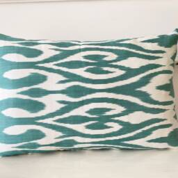 Turquoise Silk Ikat Lumbar Pillow Mint Green Sofa Cushion - 16x24 Inch - thumbnail 2