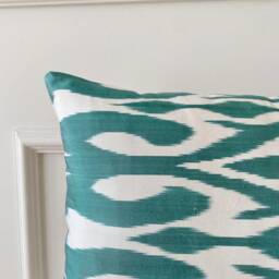 Turquoise Silk Ikat Lumbar Pillow Mint Green Sofa Cushion - 16x24 Inch - thumbnail 3
